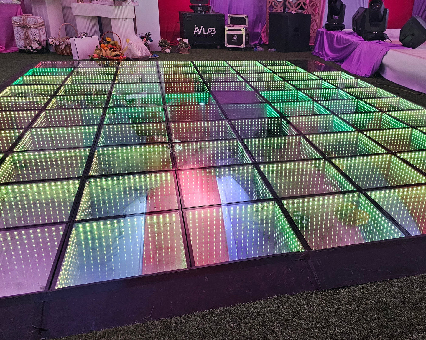 LED dance floor with colorful lighting at an event venue.